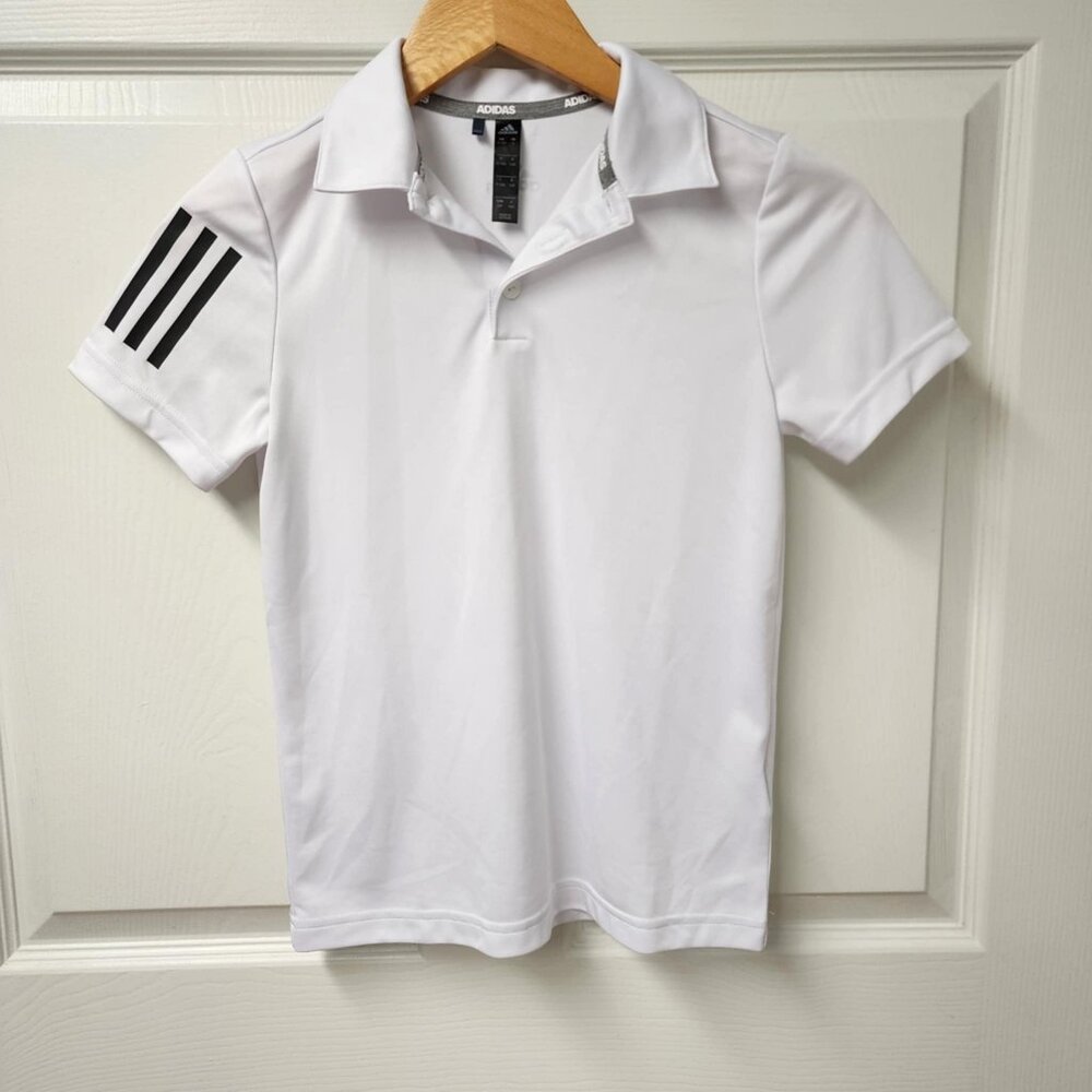 Adidas kids polo shirt, small (9/10 years), white, 3 stripe sleeve, performance